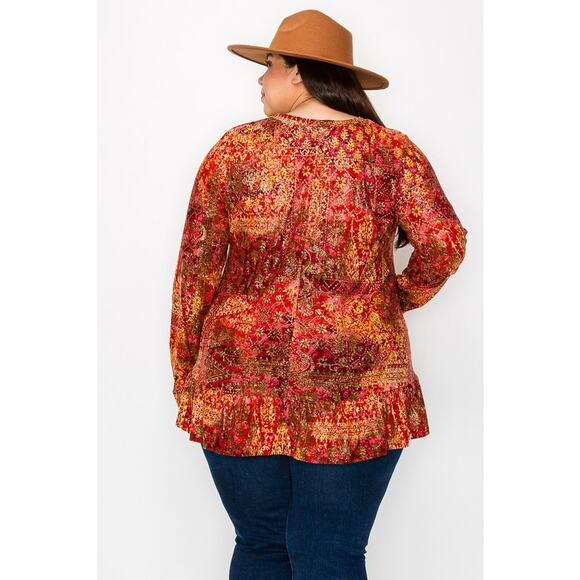 064 Curvy Lovey Boho Glitter Multi Print Frill Hem Tunic Top in Red - Picture 3 of 5